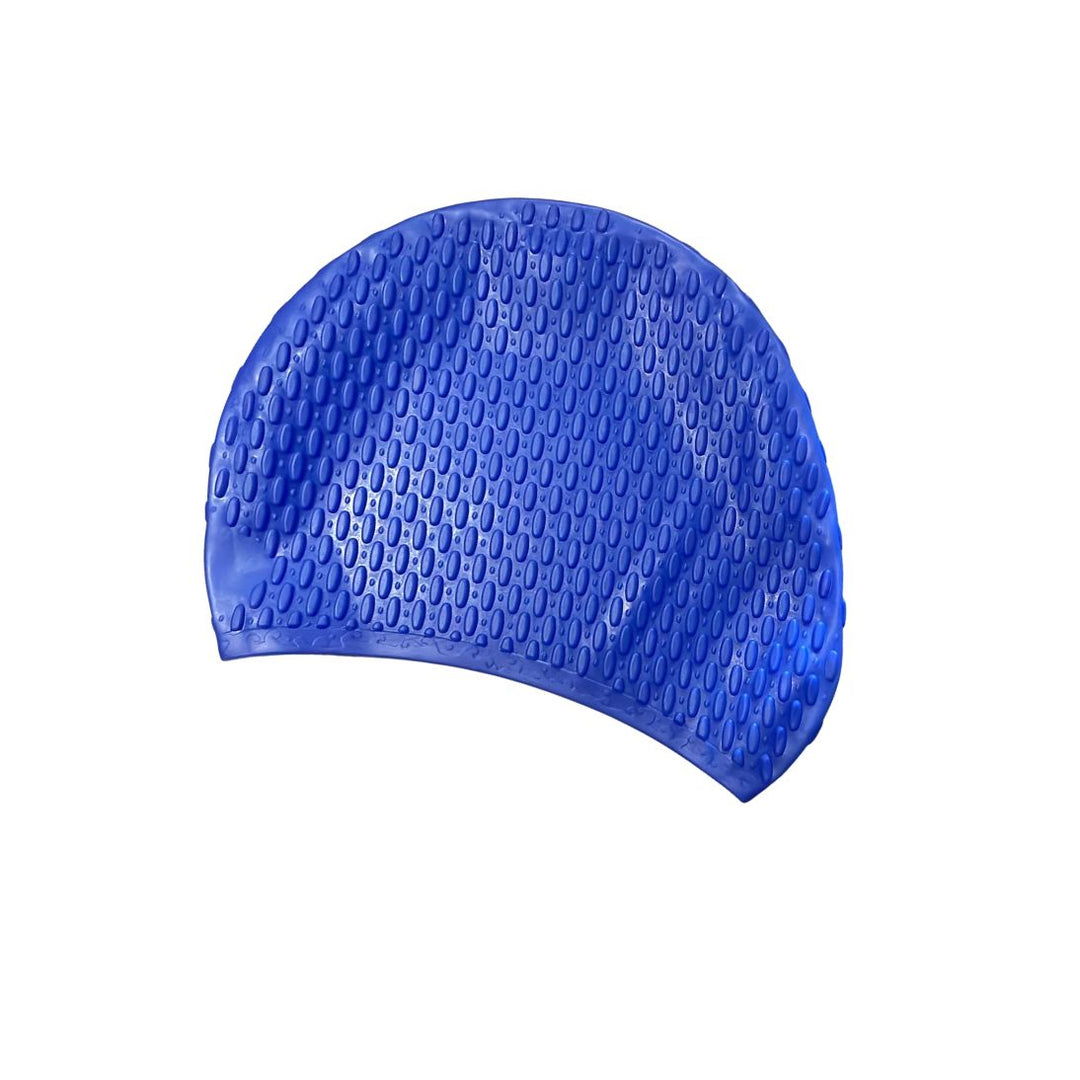 Blue swim cap with textured surface on a white background