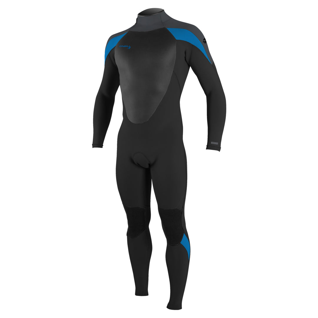 O Neill Epic 5/4mm mens wetsuit with a back zip in black with blue accents on shoulders and legs