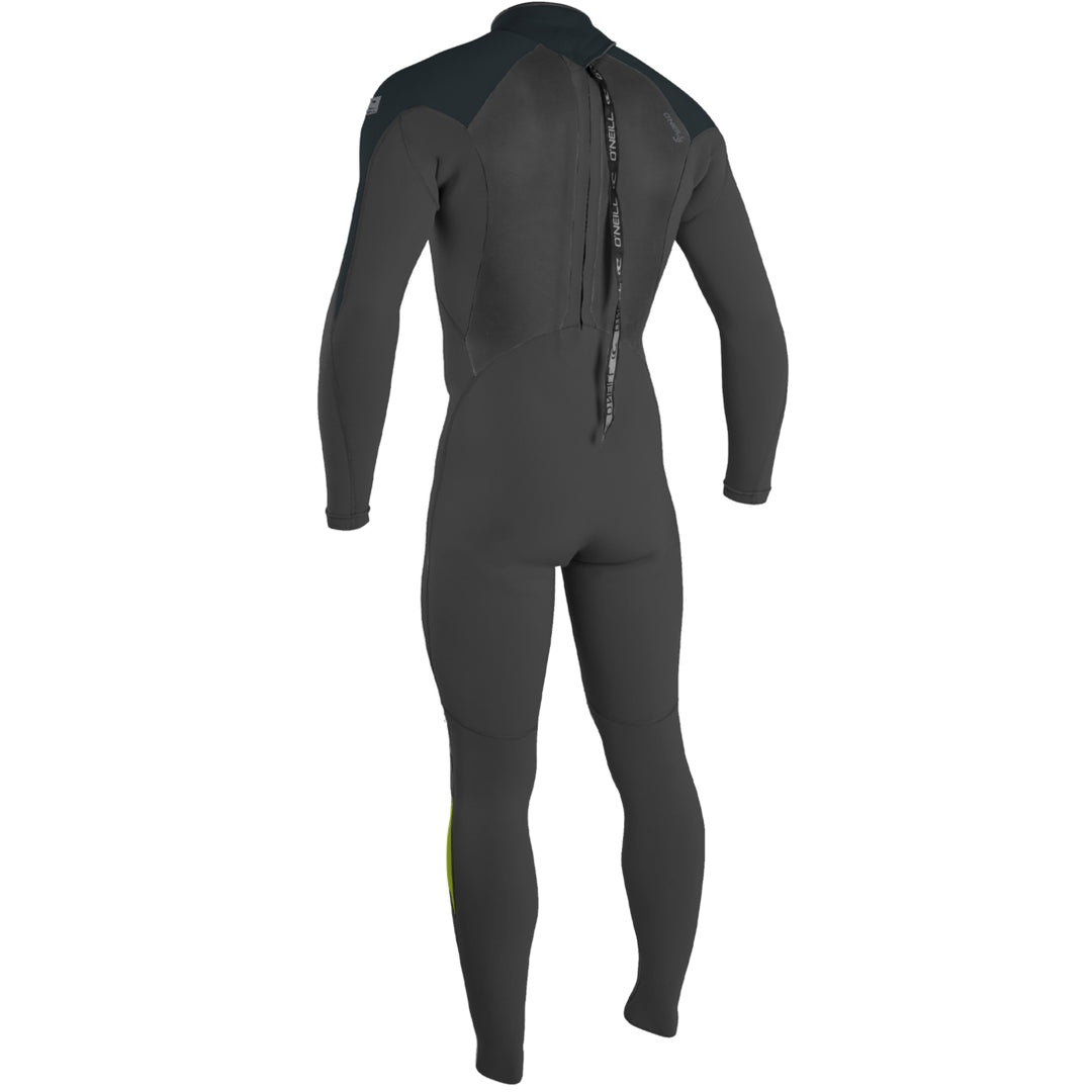 O Neill Epic 5/4mm mens wetsuit with a back zip in gunmetal grey with dayglo accents on shoulders and legs. Back view
