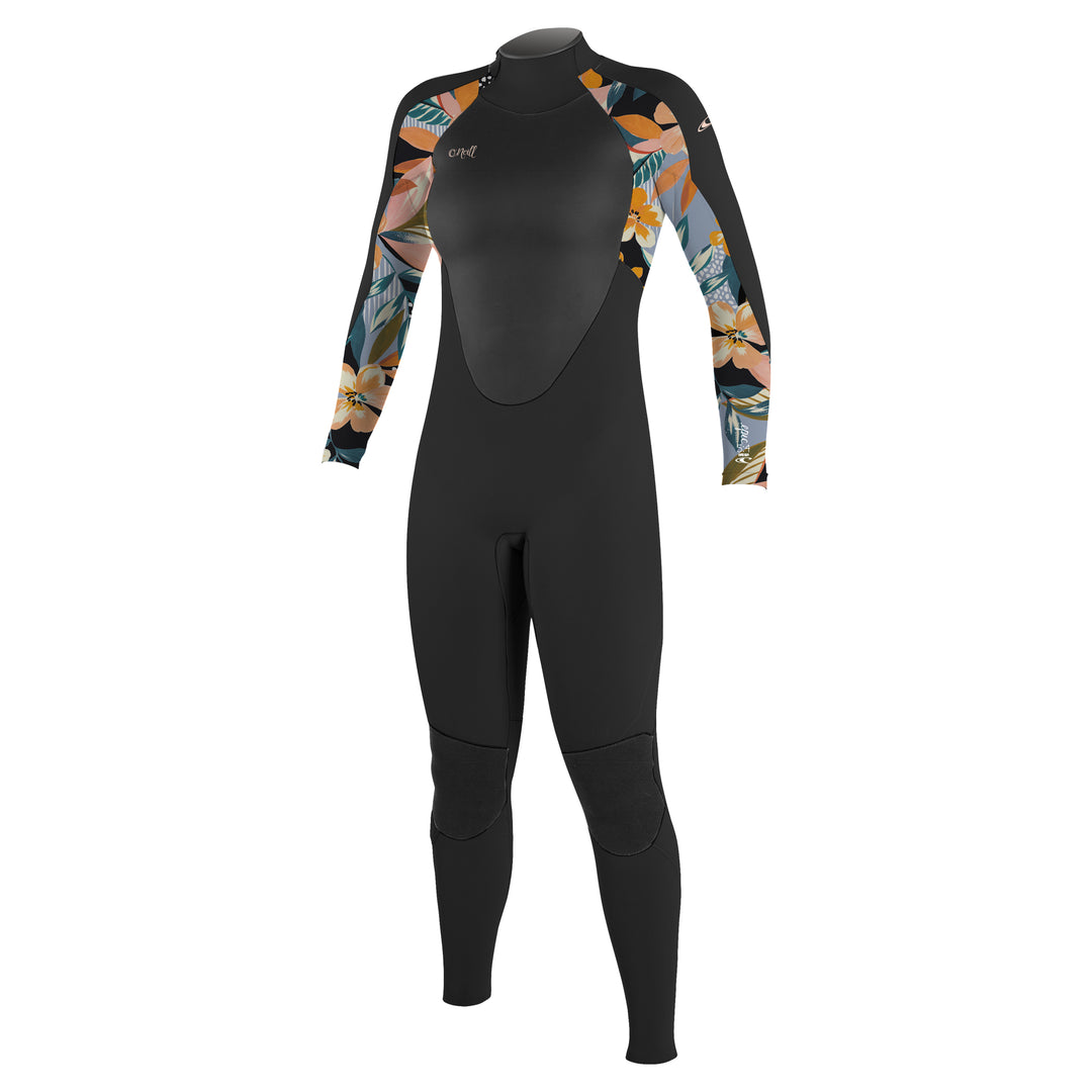 A black and floral O'Neill women's back zip wetsuit with long sleeves, designed for watersports. Front View.