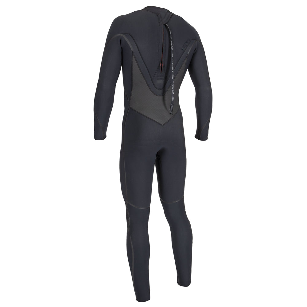O'Neill Psycho Tech 5/4+mm TB4 Mens Wetsuit with a Back Zip in black with reinforced knee pads and sealed seams. View of the back.