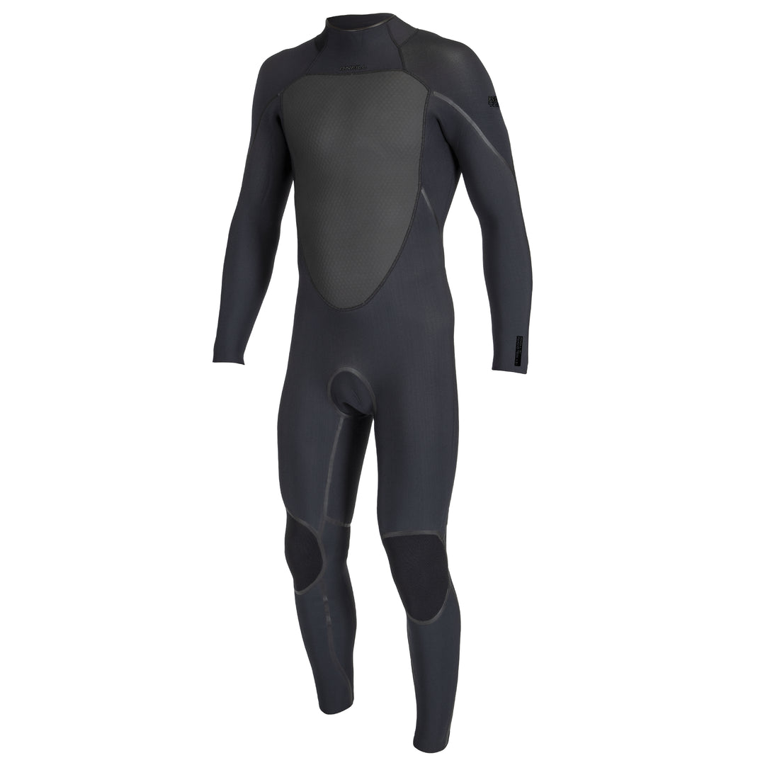 O'Neill Psycho Tech 5/4+mm TB4 Mens Wetsuit with a Back Zip in black with reinforced knee pads and sealed seams. View of the front.