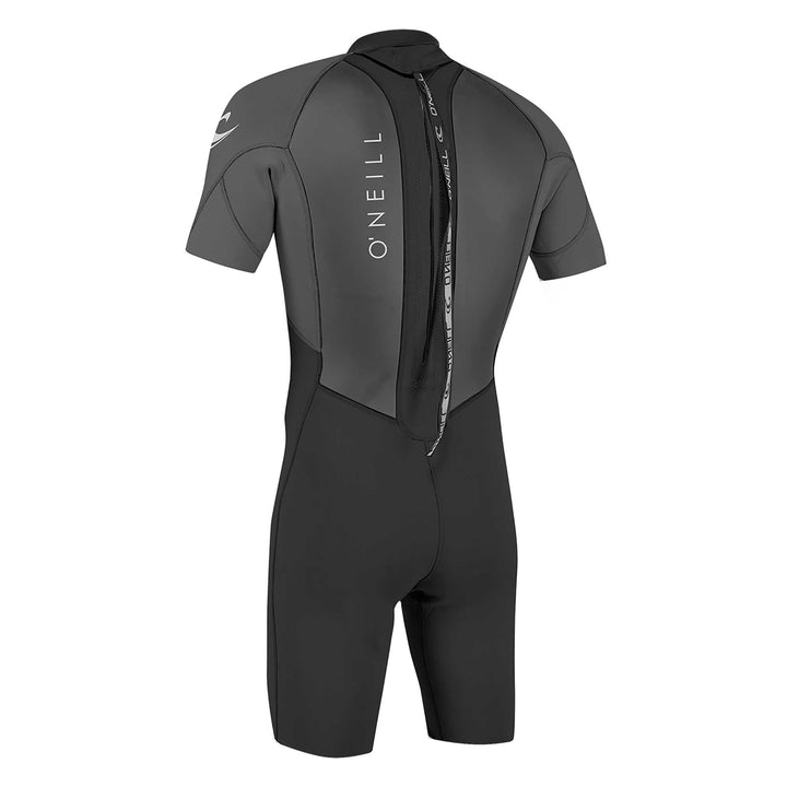 O'Neill Reactor II 2mm black and grey mens shorty wetsuit with O'Neill branding.  Back zip view.