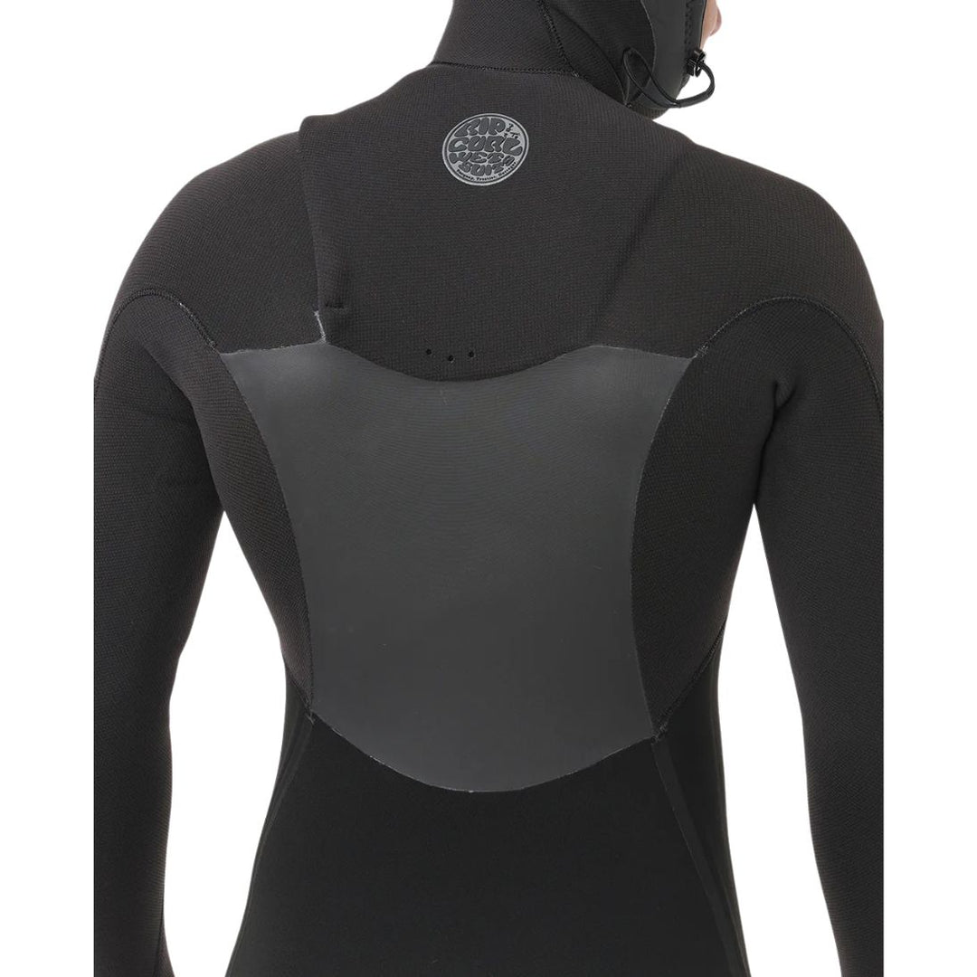 Black wetsuit with a brand logo on the back against a white background