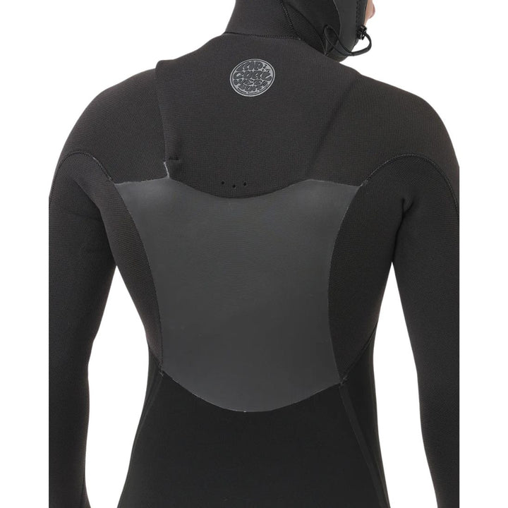 Black wetsuit with a brand logo on the back against a white background