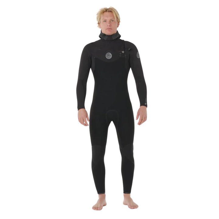 Person wearing a black wetsuit on a white background