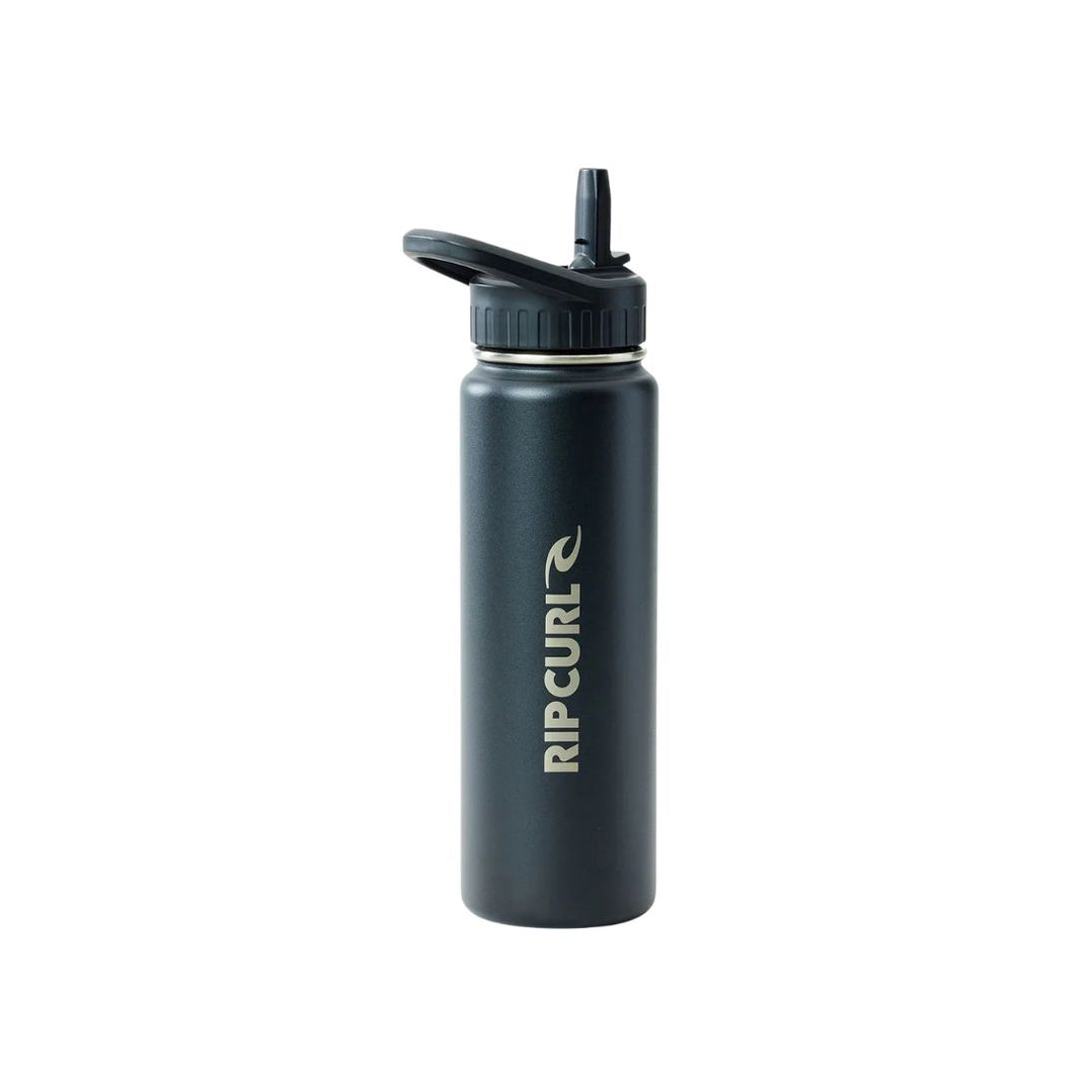 Black water bottle with Rip Curl logo on a white background