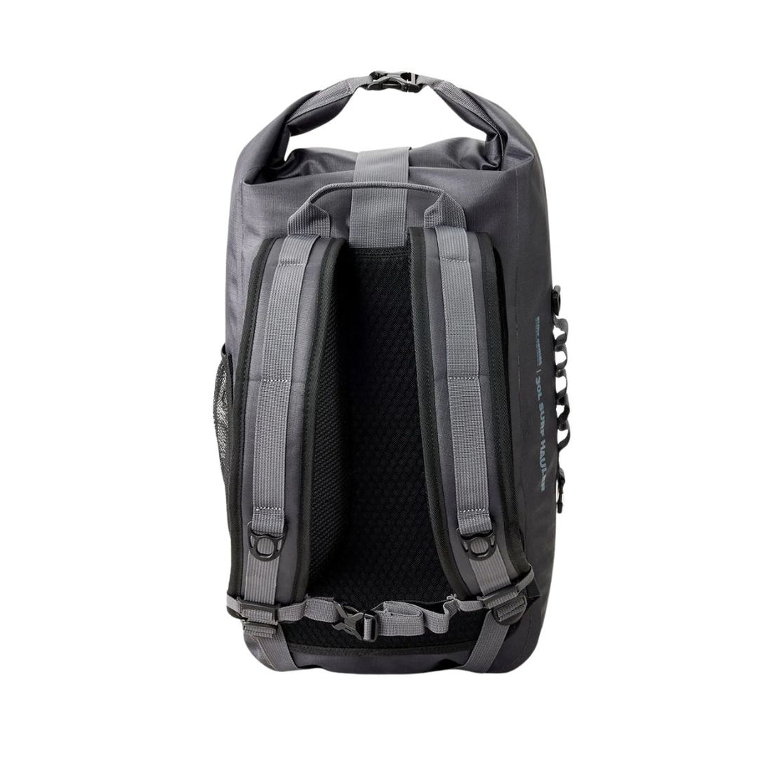 Gray backpack with black interior on a white background