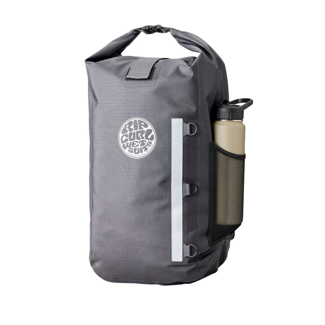 Gray backpack with a water bottle holder on a white background