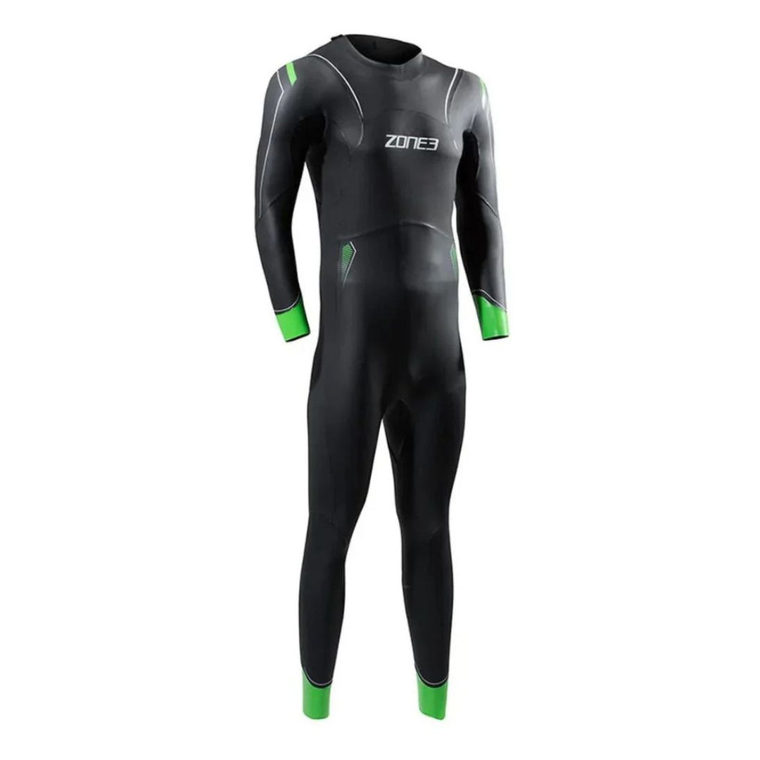Black and green wetsuit with Zone3 branding on a white background