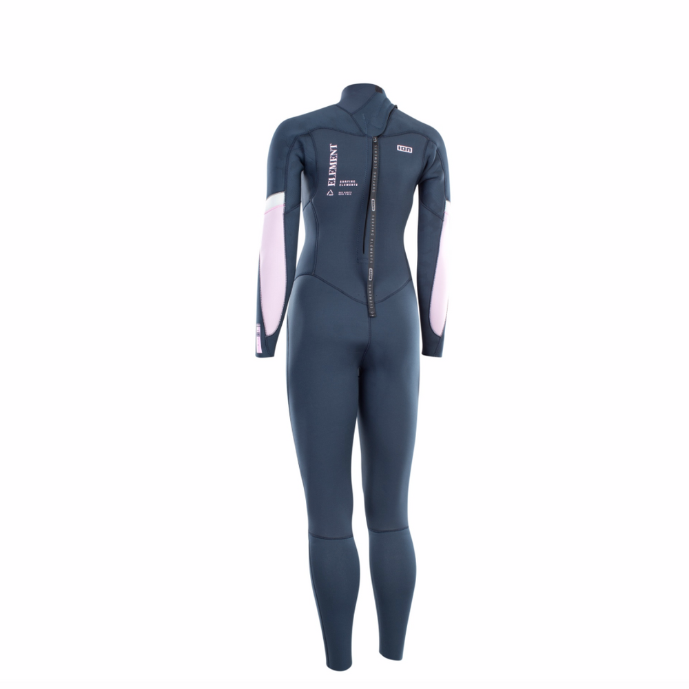 A navy blue ION women's element 5/4mm back zip wetsuit with a high collar and long sleeves. Back View