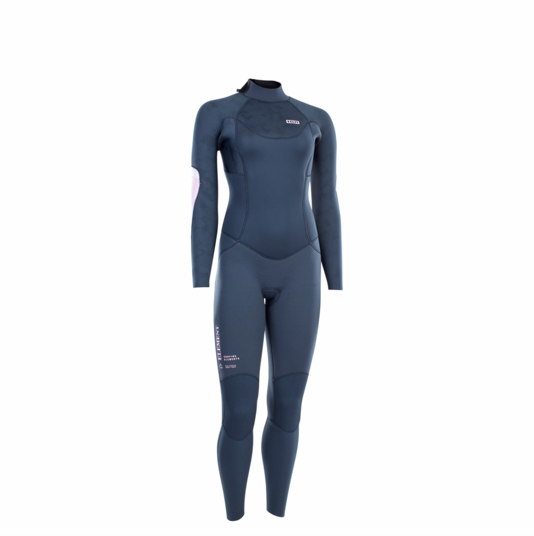 A navy blue ION women's element 5/4mm back zip wetsuit with a high collar and long sleeves. Front view.