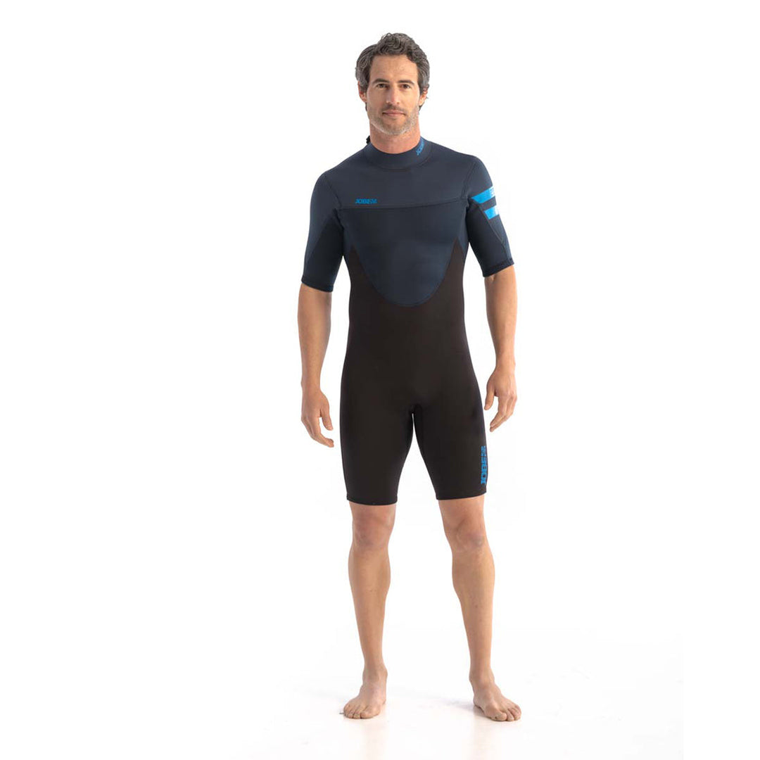 Male model wearing Jobe Perth 3mm Mens Shorty Wetsuit with a back zip entry. View of the front.