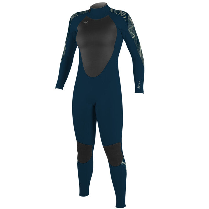 Navy and grey O'Neill women's back zip wetsuit with long grey patterned sleeves, designed for watersports. Front View.