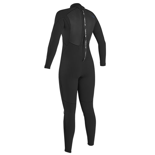 A black O'Neill women's back zip wetsuit with long sleeves, designed for watersports. Back View.