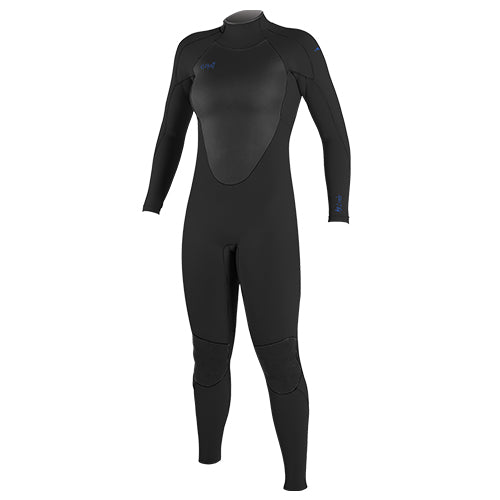 A black O'Neill women's back zip wetsuit with long sleeves, designed for watersports. Front View.