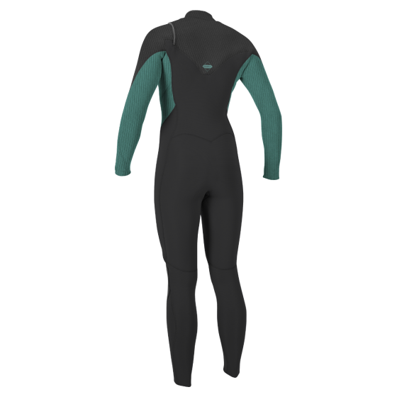 A woman's chest zip wetsuit by O'Neill, featuring a black body with green detailing on the sleeves and a full-body design. Back View.