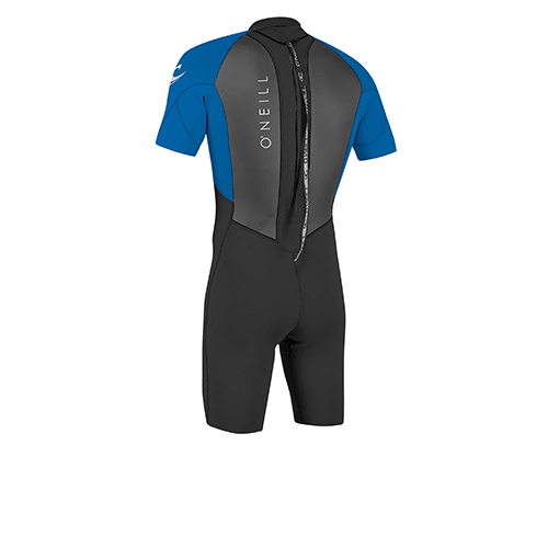 O'Neill Reactor II 2mm black and blue mens shorty wetsuit with O'Neill branding.  Back zip view.