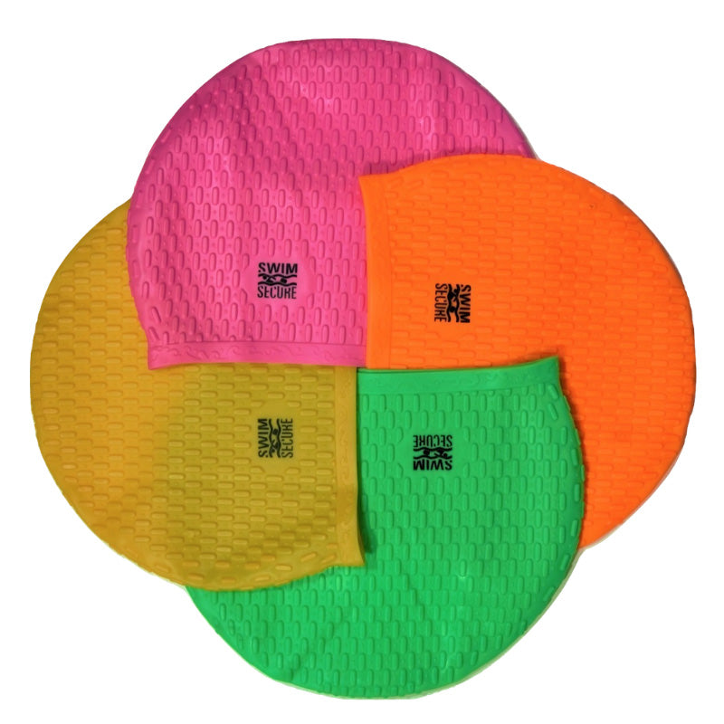 Picture of Swim Secure silicone bubble swim caps in Pink, Orange, Green, and Yellow.