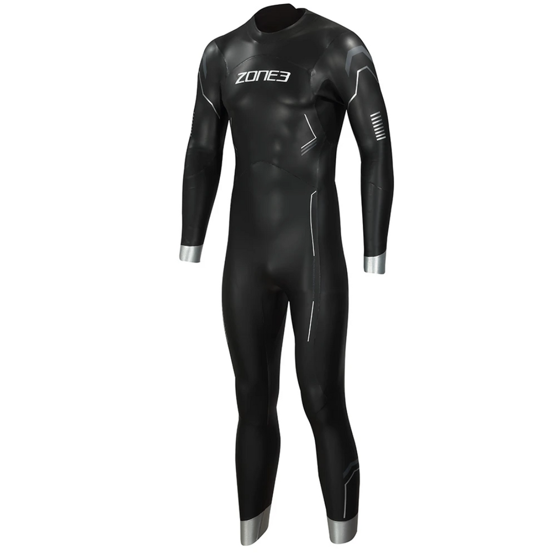 A black Zone3 open water swimming mens wetsuit with white and gray detailing. View of the front.