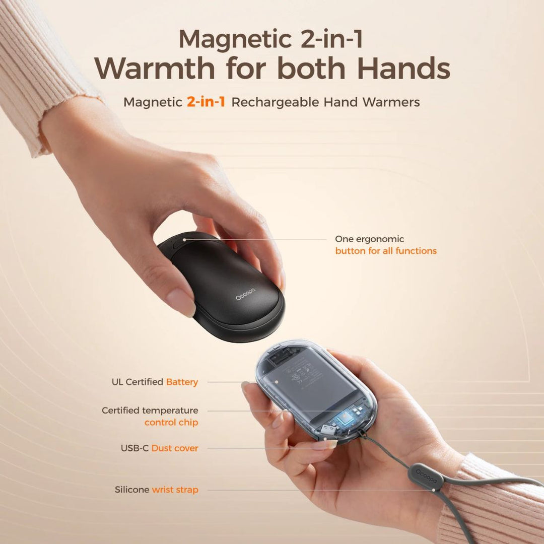 Magnetic 2-in-1 rechargeable hand warmers with a hand holding one and the other on a beige background.
