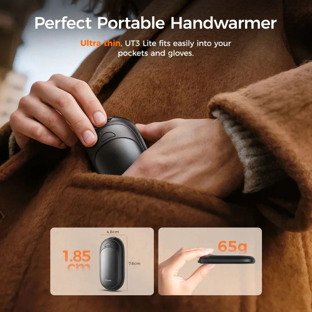 Person holding a portable handwarmer in a coat with product specifications displayed.