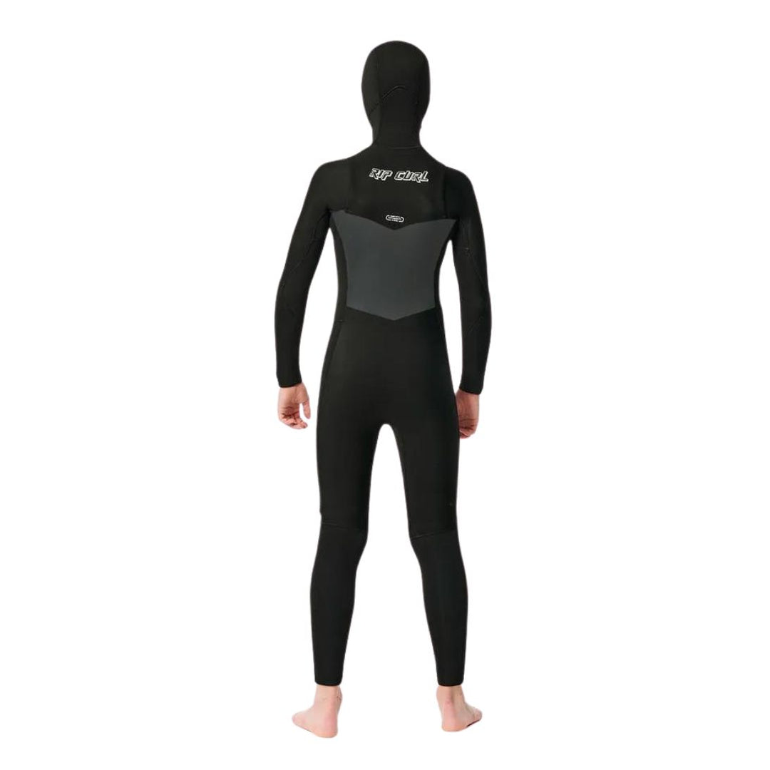 Child model wearing black Rip Curl Dawn Patrol 5/4mm Kids Hooded Wetsuit made from Yulex. Back View. 