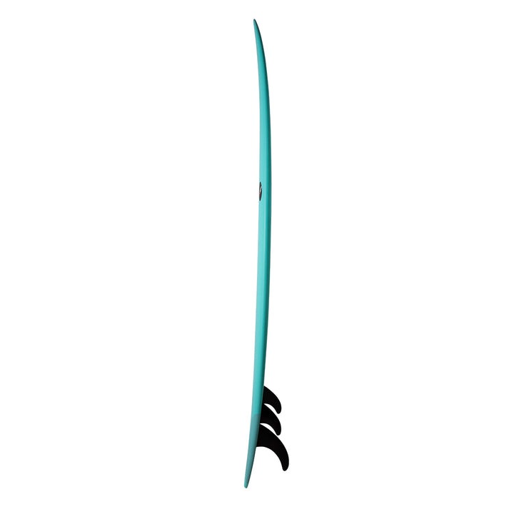 A side view of 9ft long mint green longboard surfboard