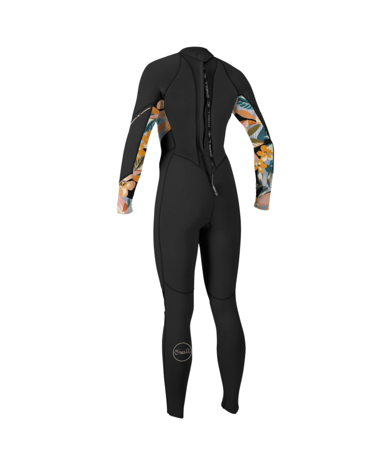A black-coloured O'Neill Bahia 3/2mm Back Zip Wetsuit for women with floral patterns on the sleeves, designed for full-length coverage. Back view. 