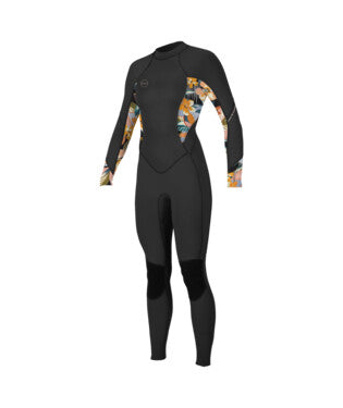 A black-coloured O'Neill Bahia 3/2mm Back Zip Wetsuit for women with floral patterns on the sleeves, designed for full-length coverage. Front view. 