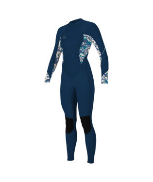 A navy-coloured O'Neill Bahia 3/2mm Back Zip Wetsuit for women with floral patterns on the sleeves, designed for full-length coverage. Front view. 