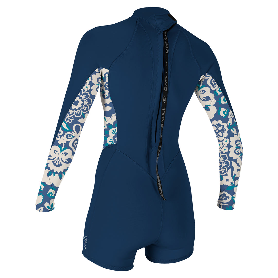 O'Neill Bahia 2/1mm Long Sleeved, Back Zip Womens Shorty Wetsuit featuring a combination of solid navy and a floral patterned print design on the sleeves. View of the back.