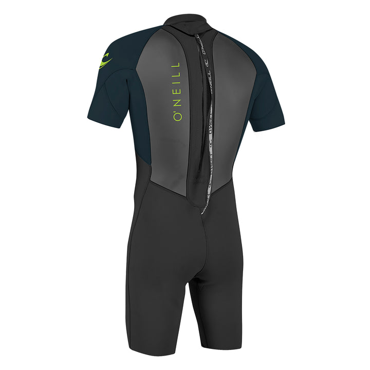O'Neill Youth Reactor II 2mm Shorty Wetsuit in black. Back view of zip. 