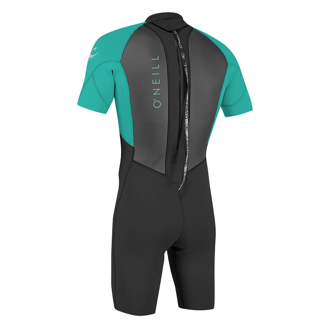 O'Neill Youth Reactor II 2mm Shorty Wetsuit in teal and black. Back view of zip