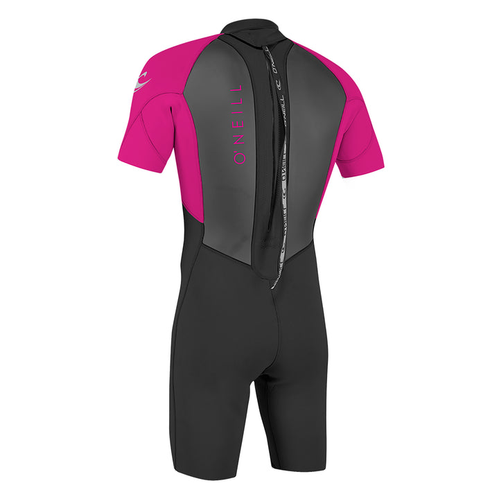 O'Neill Youth Reactor II 2mm Shorty Wetsuit in pink and black. Back view of zip